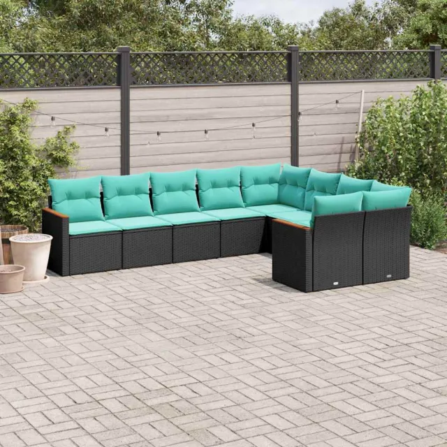 vidaXL 9-delige tuinbankset met kussens van zwart polyrotan, foto 2