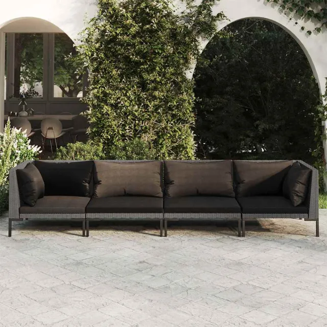 vidaXL 4-delige Loungeset met kussens poly rattan donkergrijs grijs