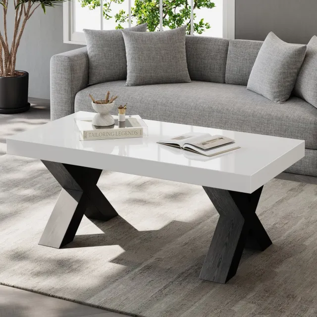 COVREO Salontafel 100x50x40 cm wit en zwart, MDF met hoogglans blad