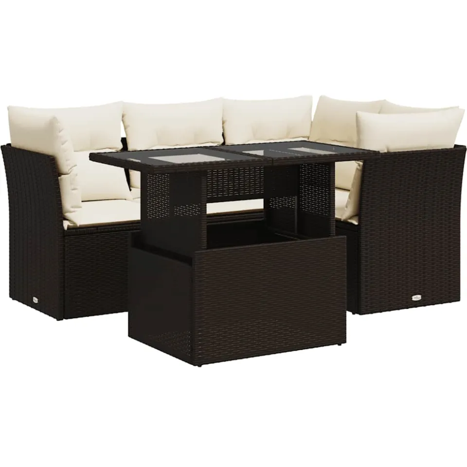 vidaXL 5-delige Loungeset met kussens poly rattan bruin, foto 3