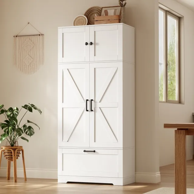 HAUSS SPOLE Keukenkast - Hoge Opbergkast met 4 Laden en Verstelbare Legplanken - voor Keuken en Eetkamer - MDF - Wit - 80x35x180 cm