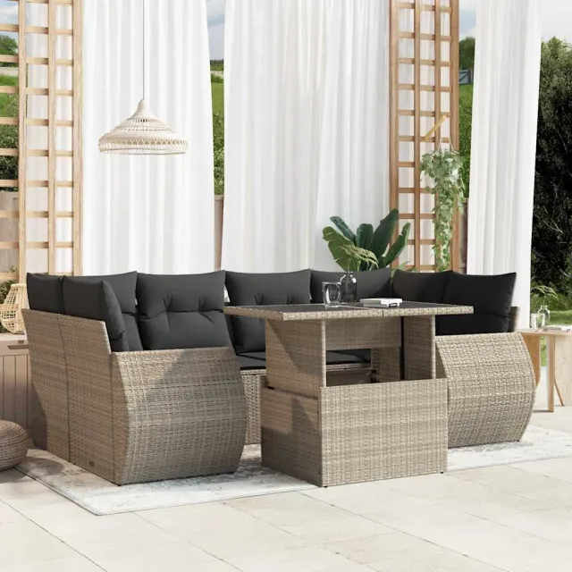 vidaXL 7-delige Loungeset met kussens poly rattan lichtgrijs grijs, foto 2