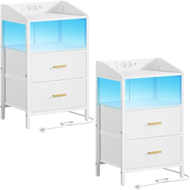 Solvix nachtkastjeSolvix Nachtkastje – Nachtkastjes Set van 2 – Nachtkastjes Industrieel – Met LED Verlichting en Oplaadstation – Bijzettafel met Lades en Planken – Wit
