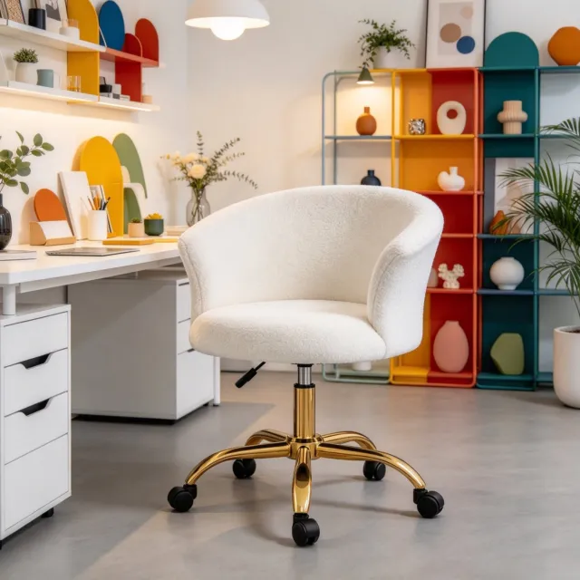 STILVORA Bureaustoel 58 x 56 x 68 tot 76 cm - In Hoogte Verstelbaar en Draaibaar Met Wielen - Voor Kantoor - Teddystof en Staal - Wit en Goud