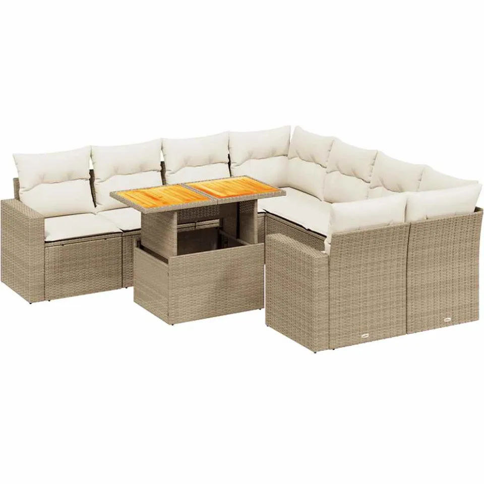 vidaXL 9-delige Loungeset met kussens poly rattan beige, foto 3