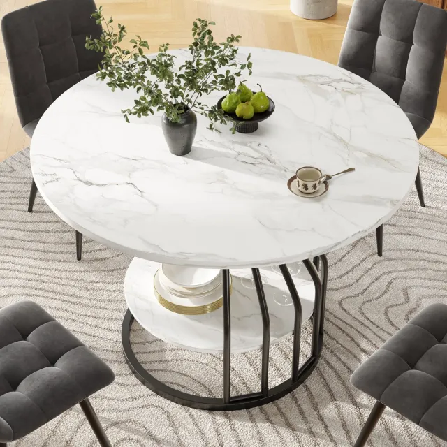 Lemlit Ronde eettafel 80 cm - compacte keukentafel voor 2 tot 4 personen - marmerlook blad - opbergplank - zwart onderstel