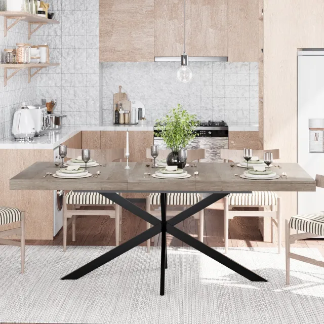 Wishdor Uitschuifbare Rechthoekige Eettafel - Verborgen Opbergruimte En Stabiel X-Onderstel - Industrieel Ontwerp - Voor Eetkamer - MDF En Metaal - Grijs - 140-180 X 80 X 76 Cm - 4 Tot 6 Personen