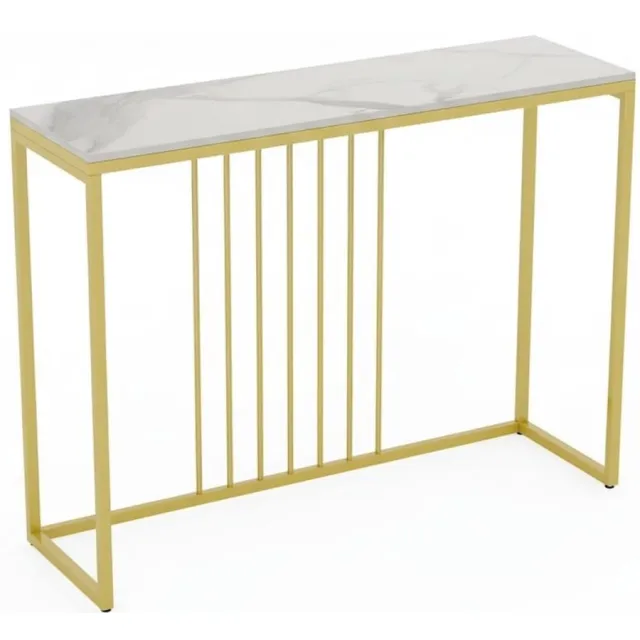 Klarven Wandtafel Goud - Marmerlook Blad - Gouden Metalen Frame - Opbergruimte - Stijlvol Accent - Smal Model Voor Hal En Gang - B100,1xd30xh78,5cm