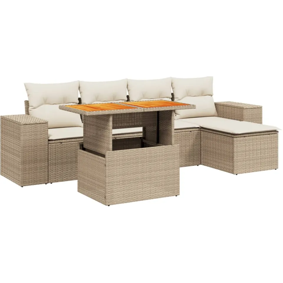vidaXL 6-delige Loungeset met kussens poly rattan beige, foto 3