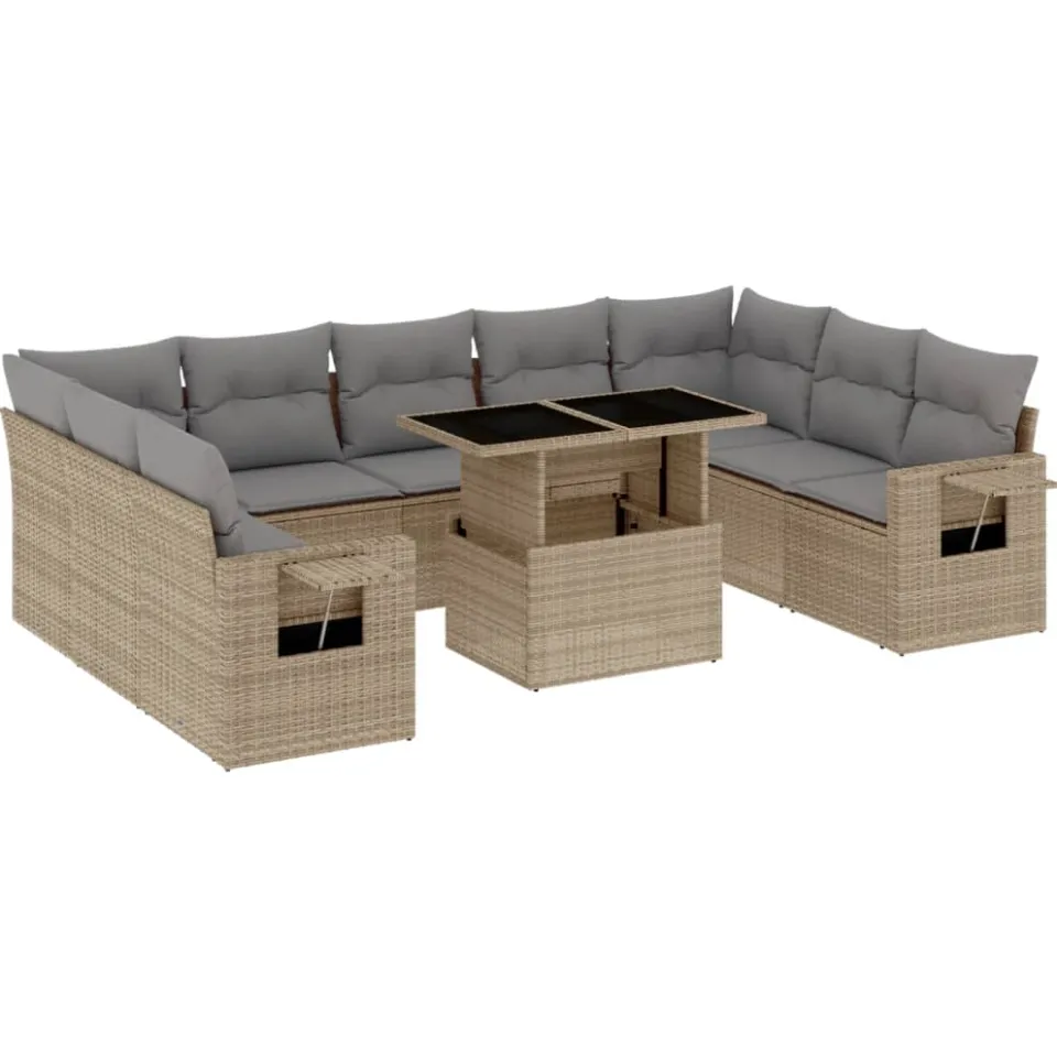 vidaXL 10-delige Loungeset met kussens poly rattan beige, foto 4