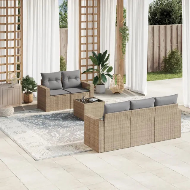 vidaXL 6-delige Loungeset met kussens poly rattan beige, foto 2