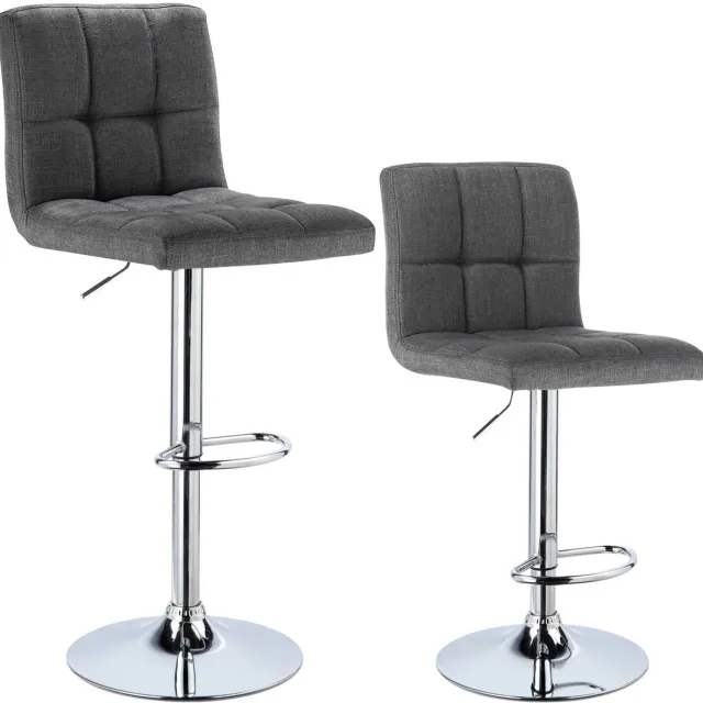 Cozy Cottage® Set van 2 Linnen Barkrukken – In Hoogte Verstelbare Barstoelen met Rugleuning – Chroom Stalen Frame - Gewatteerde Zitting – Hoge Krukken voor Keuken, Bar, Bistro & Eetkamer - Stoelen Donkergrijs