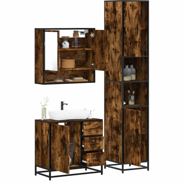 vidaXL 3-delige Badkamermeubelset bewerkt hout gerookt eikenkleurig, foto 2
