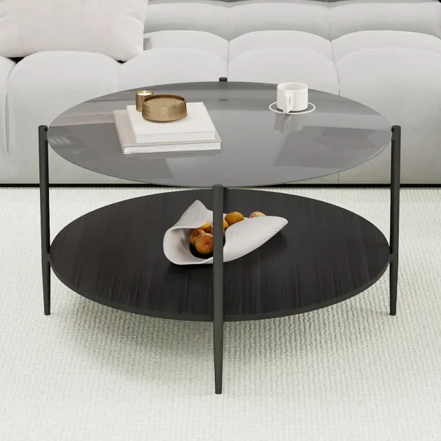MODENUIT Salontafel - Ronde Koffietafel Met Zwart Glas En Houten Onderlaag - Modern Voor Woonkamer - 45*82cm Black