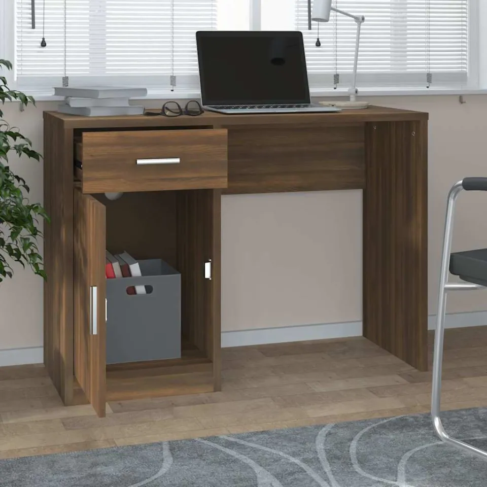 vidaXL Bureau met kast en lade 100x40x73 cm bewerkt hout bruineiken, foto 3