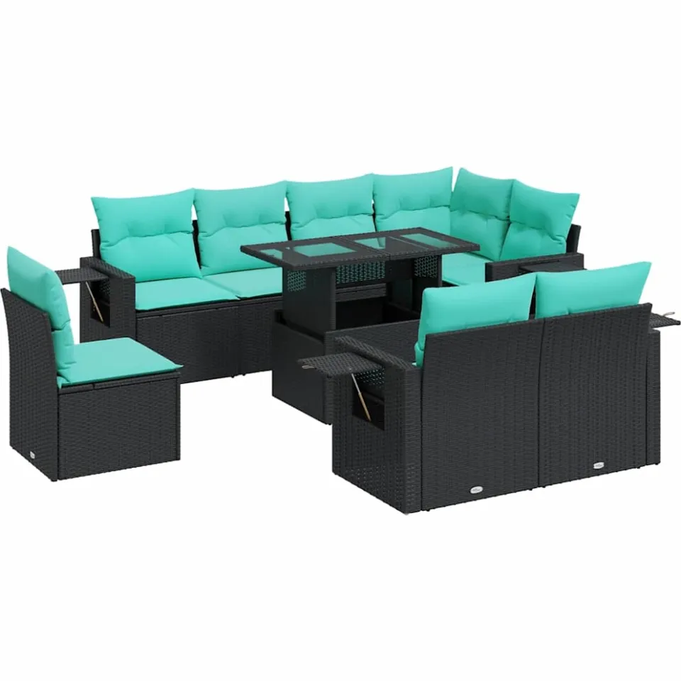 vidaXL 9-delige Loungeset met kussens poly rattan acacia zwart, foto 3