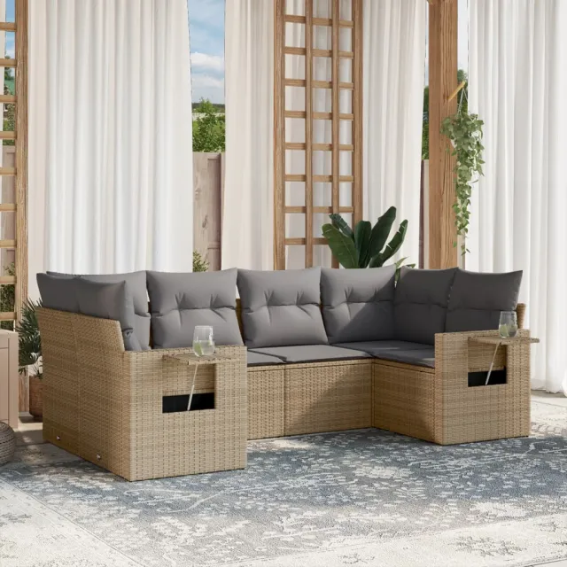 vidaXL 6-delige Loungeset met kussens poly rattan beige, foto 2