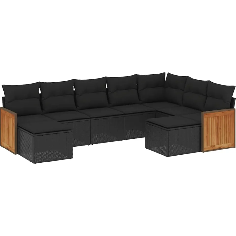 vidaXL 9-delige Loungeset met kussens poly rattan zwart, foto 3