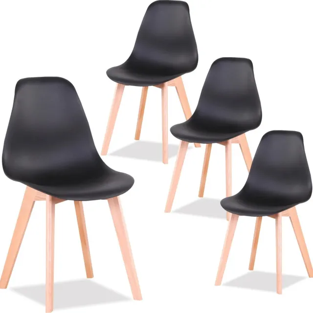 SteeFly® Luxe eetkamerstoelen - Set van 4 design stoelen - Ergonomisch comfort - Zwart met hout onderstel - Zithoogte: 43cm