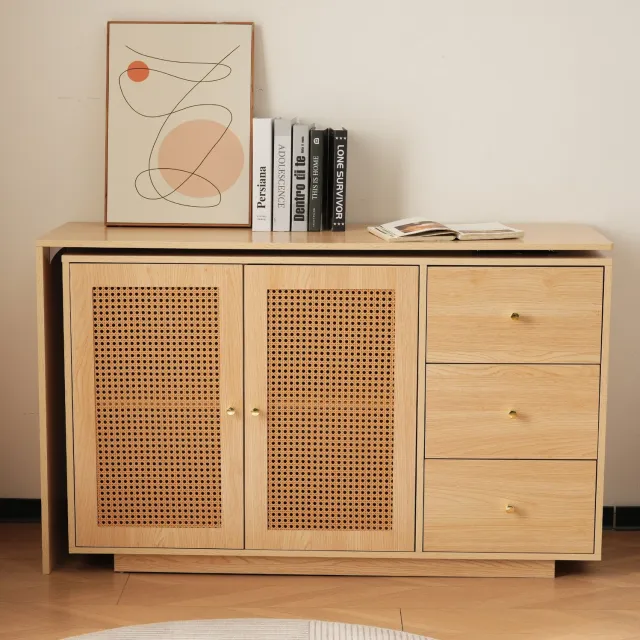 Wishdor L-vormig hoekbureau met 360 graden draaibaar blad - Inklapbaar bureau met drie kasten - Rotanlook deuren - Kantoor werkkamer slaapkamer - MDF - Naturel houtkleur - 126 x 40 x 75 cm
