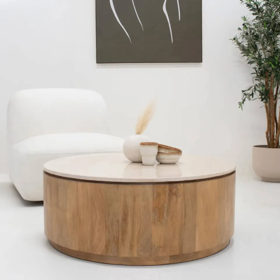 Giga Meubel Salontafel Elan Rond - Travertin - Naturel - 90x90x35cm, foto 4