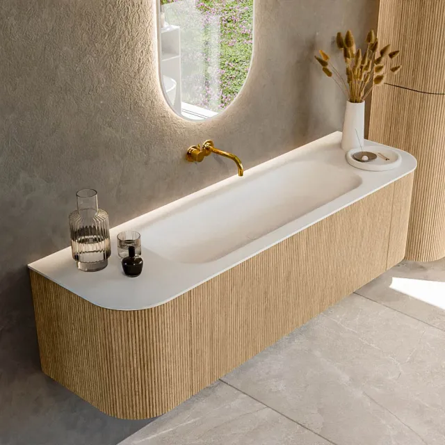 Mondiaz KURVE 160 cm Onderkast Greeploos 1 Lade Met Deuren Oak, Wastafel Solid Surface Midden Talc 0 Kraangaten Zonder Spiegel (KRVBGM160L+R1L2D0KM-Oak/Tal)