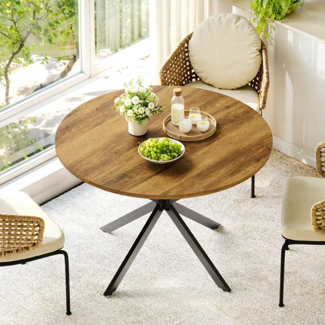 MEUNIQ Ronde eettafel Ø120 cm voor 4-6 personen met bruin tafelblad, zwart metalen X-onderstel en verstelbare voeten
