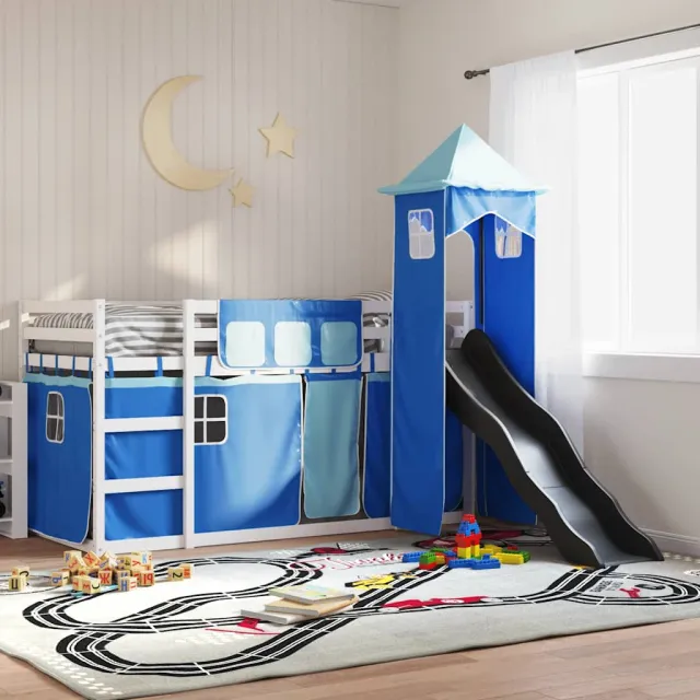 vidaXL Stapelbed met glijbaan en gordijnen blauw 90x190 cm