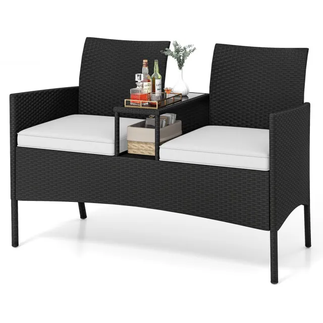 Costway Tuinbank met tafel, 2-zits polyrotan zitgroep, tuinmeubelen, terrasmeubels, weerbestendige balkonmeubels voor terras, tuin, balkon (wit)
