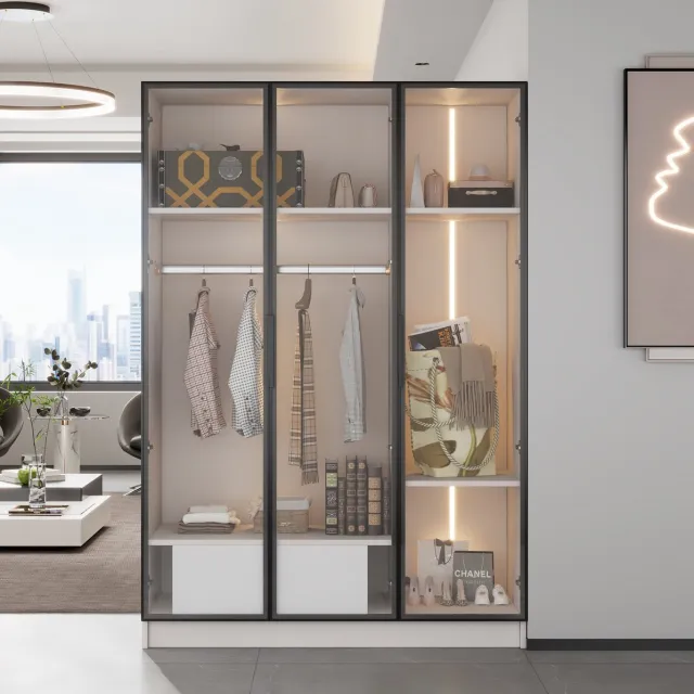 WUVRIE Kledingkast 110x50x160 cm - 3 glazen deuren, lade, kledingroede en LED - Wit