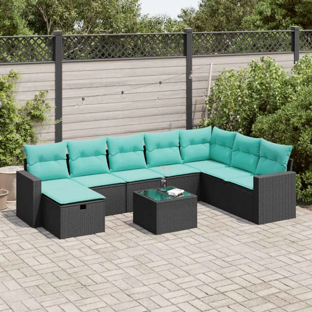 vidaXL 9-delige Loungeset met kussens poly rattan zwart, foto 2