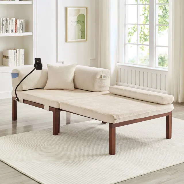 DESMIU Slaapbank 1-Zits 98 Cm Met Slaapfunctie Uitschuifbare Bank Voor Woonkamer Studie Massief Hout Fluweel Beige Zonder Matras