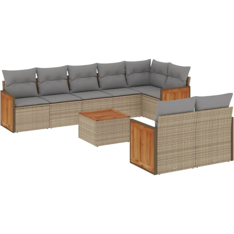 vidaXL 9-delige Loungeset met kussens poly rattan beige, foto 3