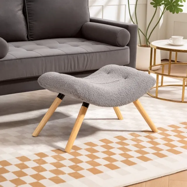 MEUNIQ voetenbankje en hocker 67 x 45 x 38 cm met berberfleece stof, houten beukenhouten poten, belastbaar tot 120 kg, voor woonkamer of slaapkamer, lichtgrijs