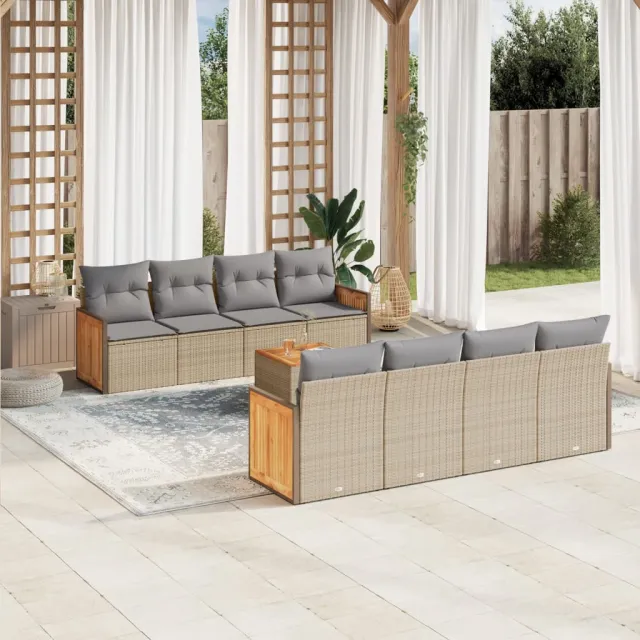 vidaXL 9-delige Loungeset met kussens poly rattan beige, foto 2