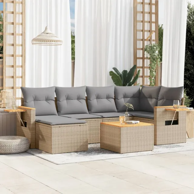 vidaXL 7-delige Loungeset met kussens poly rattan beige, foto 2