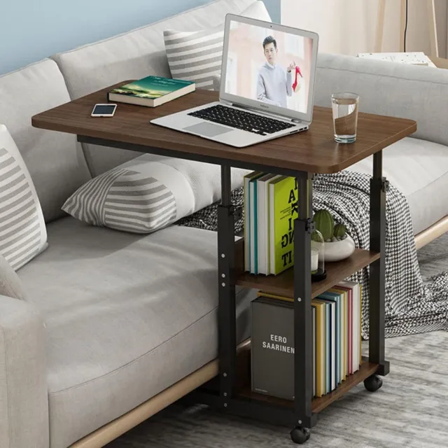 BOG Bedtafel - Overbed Tafel - Sofa Bureau - Verstelbare Hoogte - Bureautafel Met Twee Opbergplanken - Mobiele Tafel Op Wieltjes - Geschikt Voor Thuis En Ziekenhuis BRUIN