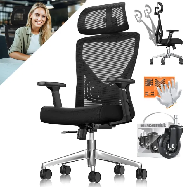 Kesser Bureaustoel Ergonomisch met Hoofdsteun en Lendensteun - Bureaustoelen voor Volwassenen, Verstelbare Armleuningen en Rugleuning - Zwart/Zilver