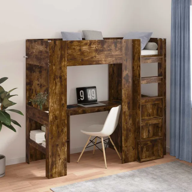 vidaXL Loft Bedframe met Bureau Gerookt eiken 75 x 190 cm Bewerkt hout Bruin