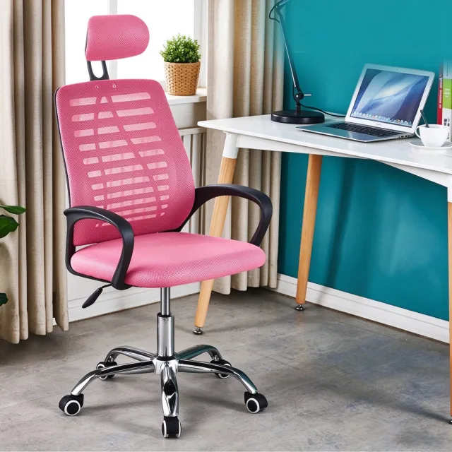 learnlogic Ergonomische bureaustoel met hoofdsteun in hoogte verstelbaar roze met zwenkwielen afmetingen 47x47x116 cm geschikt voor langdurig zitten ter voorkoming van rugklachten