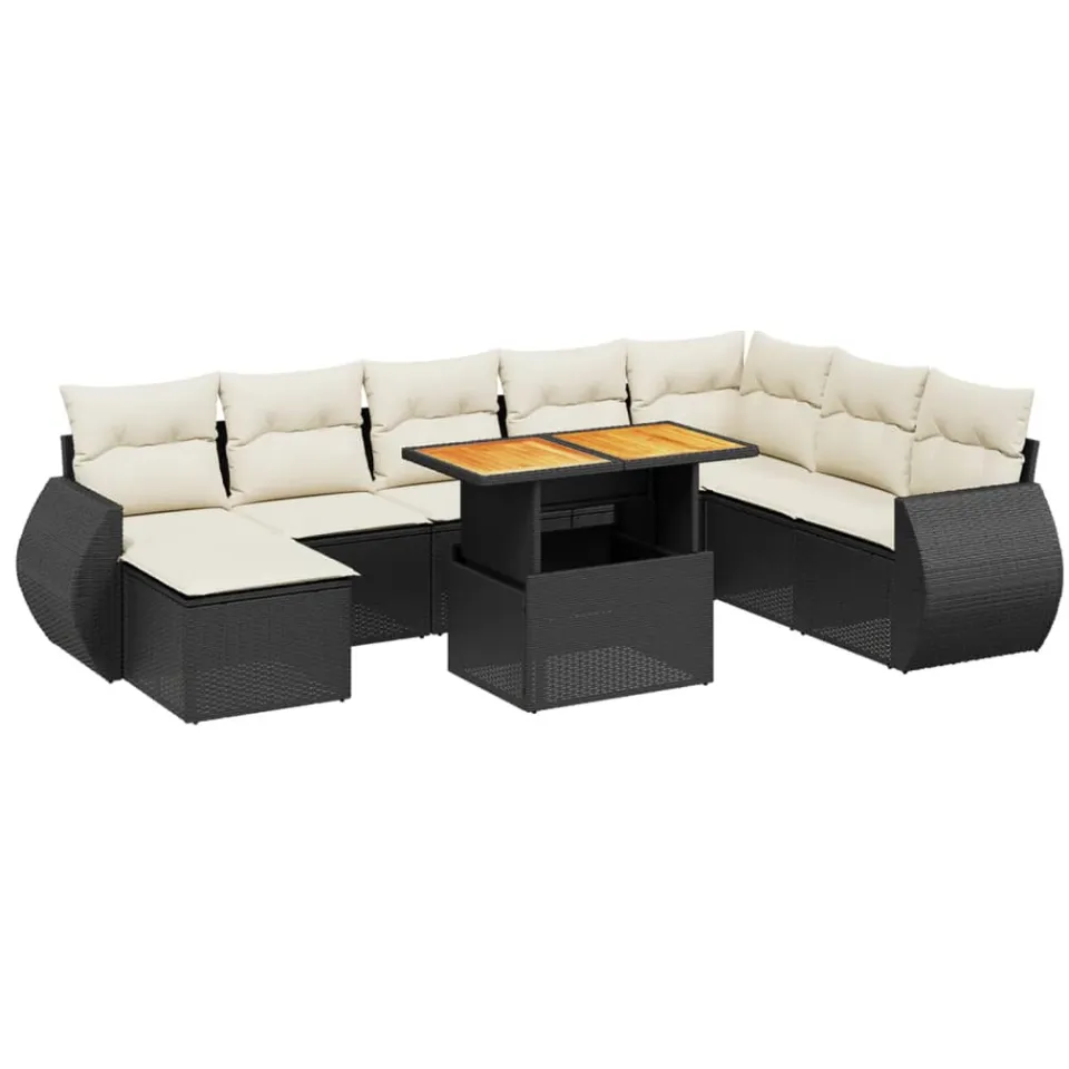vidaXL 9-delige Loungeset met kussens poly rattan zwart