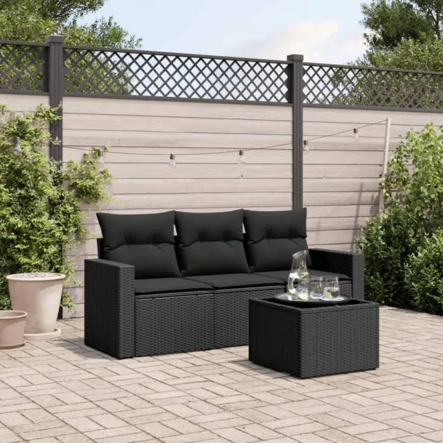 vidaXL 4-delige Loungeset met kussens poly rattan zwart, foto 2