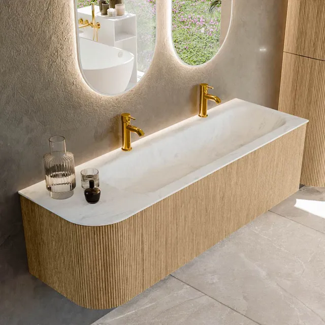 Mondiaz KURVE-DLUX 145 cm Onderkast Greeploos 1 Lade Met Deuren Oak, Wastafel Solid Surface Rechts Opalo 2 Kraangaten Zonder Spiegel (KRVBGL145L1L1D2KR-Oak/Opa)