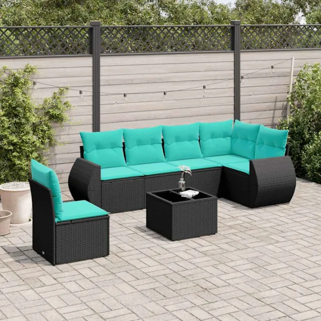 vidaXL 7-delige tuinbankset met kussens van zwart polyrotan, foto 2
