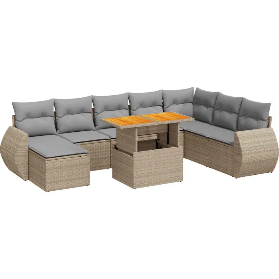 vidaXL 9-delige Loungeset met kussens poly rattan beige, foto 3