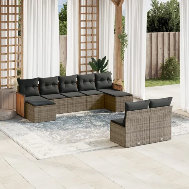 vidaXL 9-delige Loungeset met kussens poly rattan grijs, foto 2