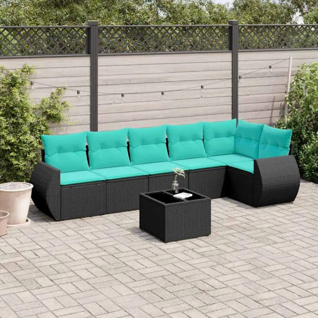 vidaXL 7-delige tuinbankset met kussens van zwart polyrotan, foto 2
