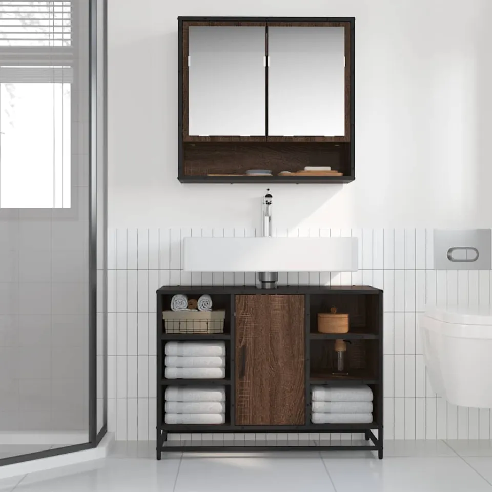 vidaXL Wastafelkast 80x33x60 cm bewerkt hout bruin eikenkleurig, foto 3