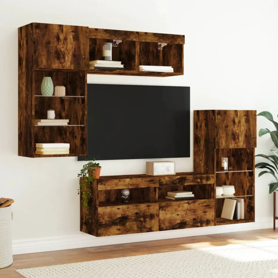vidaXL 5-delige tv-wandmeubelset met LED bewerkt hout gerookt eiken, foto 3