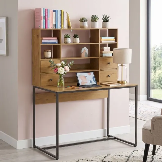 FloraGrace Computerbureau - Met 4 Lades En Verstelbaar Bovenrek - Voor Thuiswerkplek En Studie - Spaanplaat En Metaal - 105x60x142 Cm - Naturel Hout Natural Wood